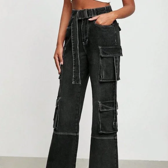 Black Casual Womens Flap Pocket Belted Cargo Jeans - Picture 5 of 5